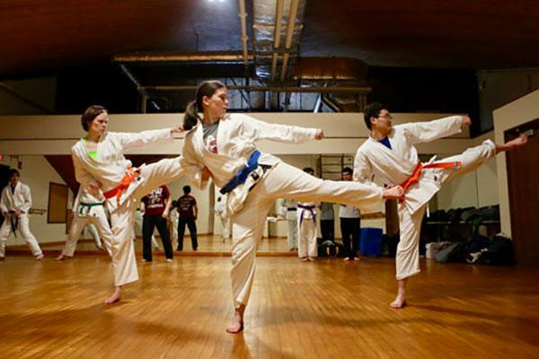Students kicking in karate